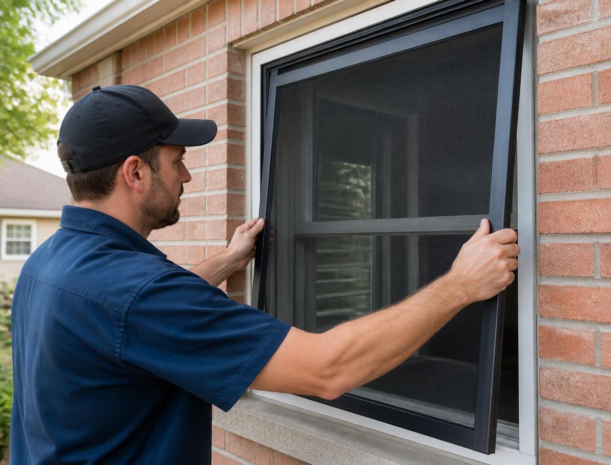 Technician installing a new custom window screen on a Fort Worth home